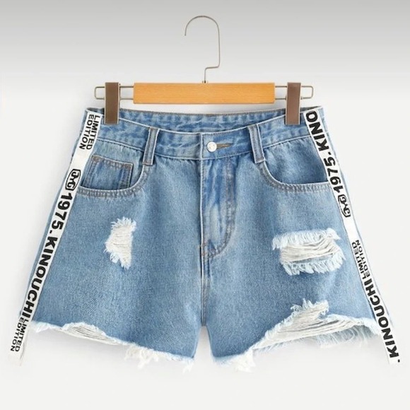 SHEIN • Contrast Letter Ribbon Raw Hem Denim Shorts - Picture 1 of 7